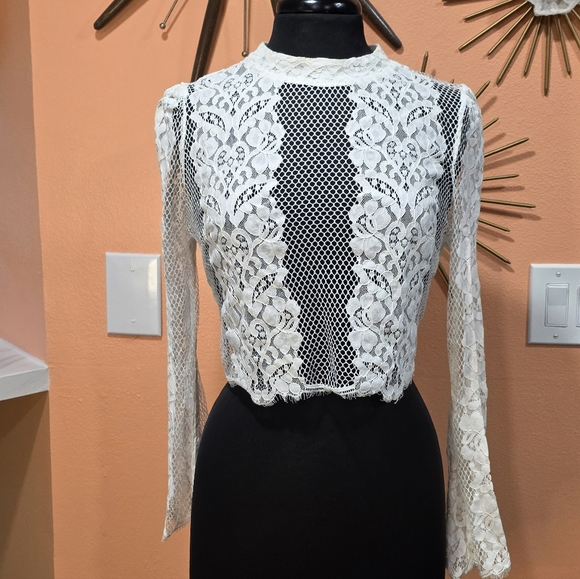 Pinky Large White Lace Women's Top Boho Witchy Mock Turleneck Blouse - Picture 1 of 13